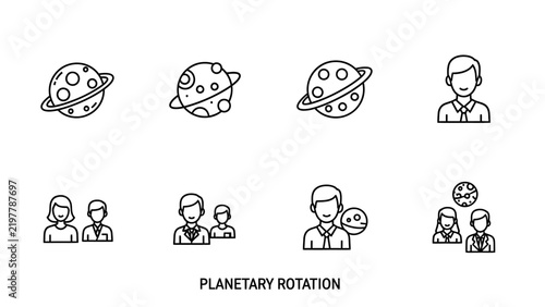 Set of planetary rotation and astronomy icons illustrating space science