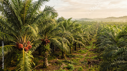 Oil palm plantation rows stretching across a large tropical estate
