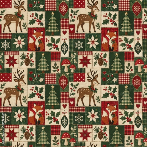 Festive Holiday Pattern with Animals and Trees