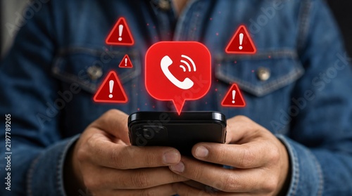 Person holding smartphone with incoming call warning icons