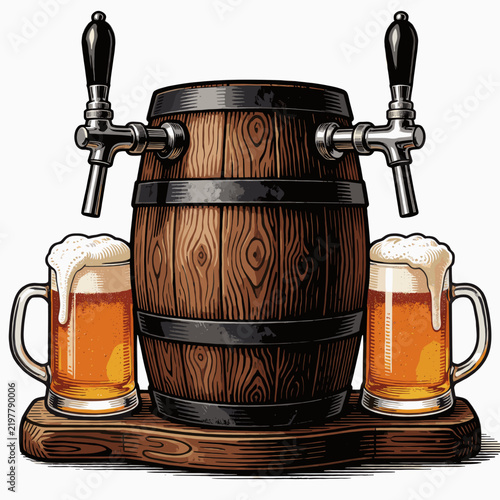 Wooden Beer Barrel with Two Taps and Frothy Mugs on Stand