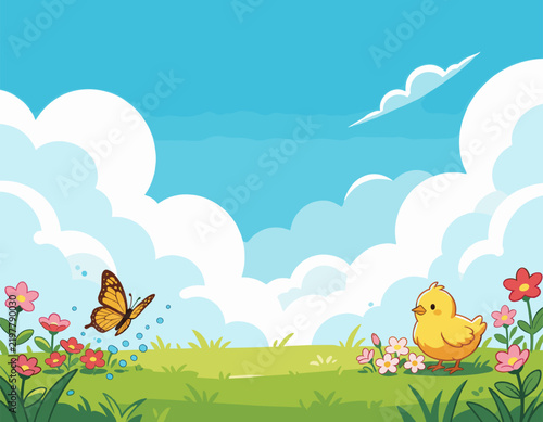 Yellow Chick Standing among Flowers with Butterfly Flying Nearby