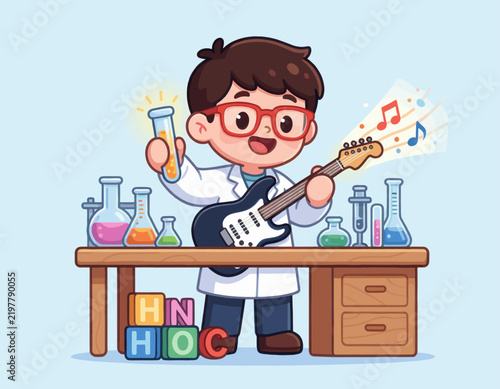 Young Scientist Playing Electric Guitar in Laboratory Setting