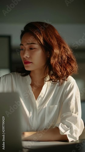 Woman reviews documents near computer