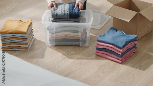 Person organizing folded clothes into a clear plastic storage bin on a light wooden floor with cardboard boxes