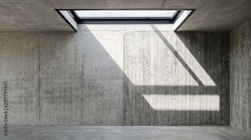 Minimalist concrete room interior with skylight casting geometric shadows on textured wall, brutalist architecture design, empty space with natural light, abstract background