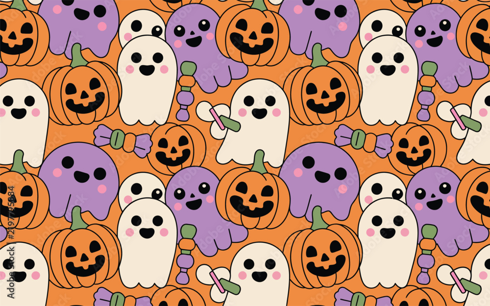 Fototapeta premium Cute halloween seamless pattern with pumpkins and smiling ghosts on orange