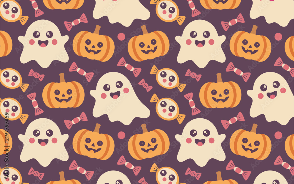 Obraz premium Cute kawaii halloween pattern with ghosts pumpkins and candies on purple