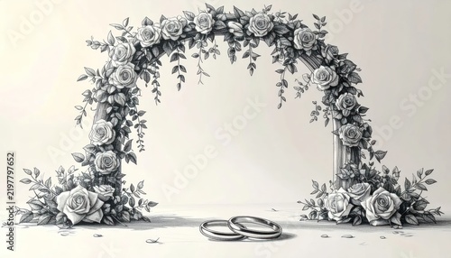 Floral wedding arch sketch with gold rings.
