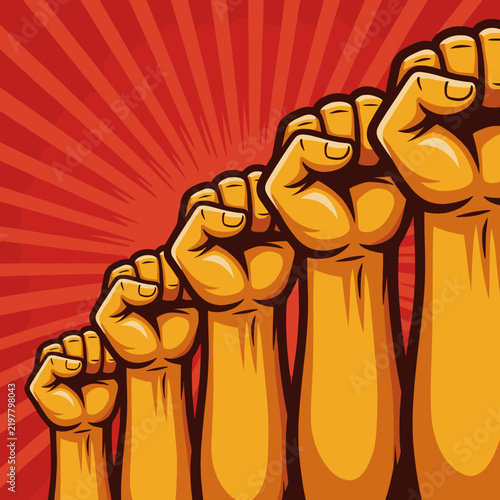 Fists Rising in Unity Against Red Sunburst Background Illustration
