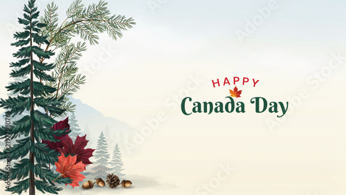 Beautiful watercolor illustration featuring pine trees and maple leaves for a festive happy canada day celebration greeting