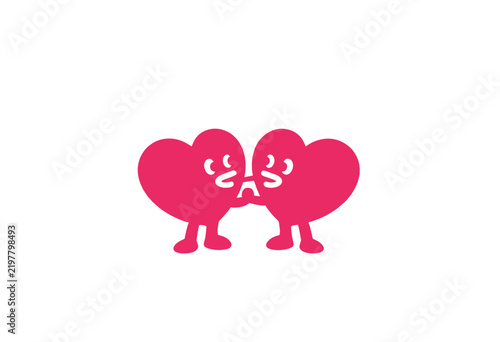 Two Cartoon Hearts Kissing on White Background
