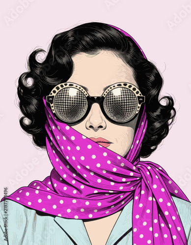 Stylish Woman in Retro Sunglasses and Polka Dot Scarf Portrait