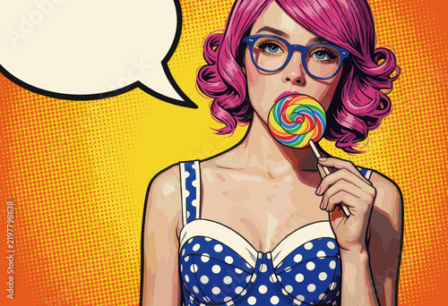 Woman with Pink Hair Eating Rainbow Lollipop in Pop Art Style
