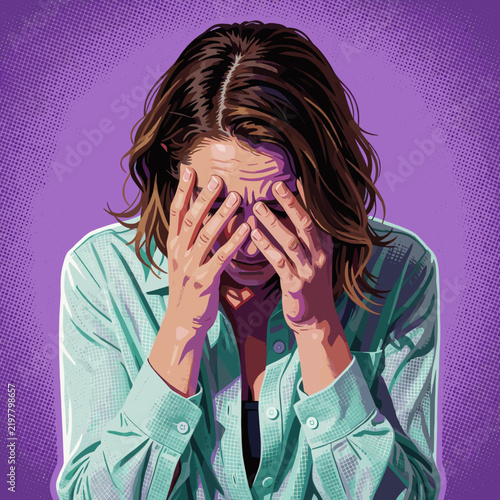 Woman Covering Face with Hands in Vibrant Purple Halftone Background