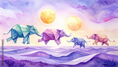Geometric origami elephants walking through surreal watercolor waves.