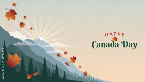 Beautiful landscape illustration celebrating canada day with falling maple leaves and scenic mountain views in the background