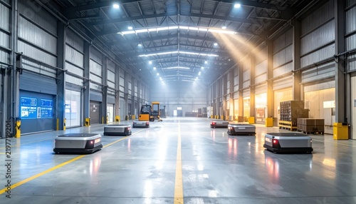 Modern automated warehouse interior with mobile transport robots.
