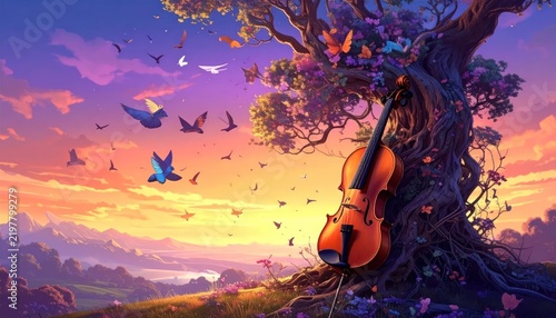Cello leaning against magical tree at sunset.