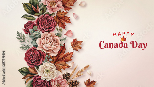 Beautiful floral arrangement with red maple leaves celebrating the national holiday of canada day in july