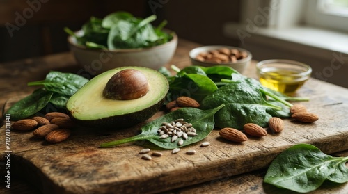 An assortment of vitamin E rich foods like almonds, avocado, spinach, and sunflower seeds.