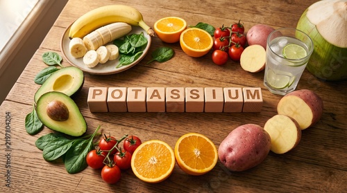 Potassium rich food sources with fresh fruits and vegetables on table