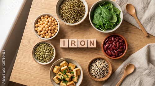 Iron rich foods in bowls on wooden table with blocks spelling iron