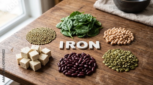 Iron rich foods layout with spinach lentils beans and tofu on wood