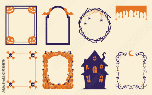 Set of halloween decorative frames and borders with spooky motifs