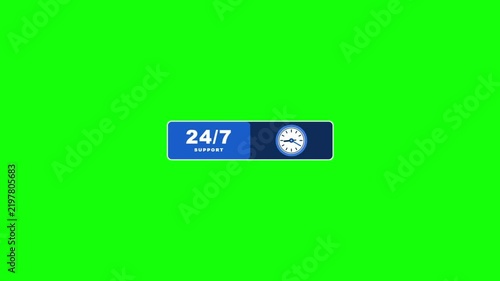 4K Animation 24/7 support icon with a moving clock face, shown in a digital motion video.