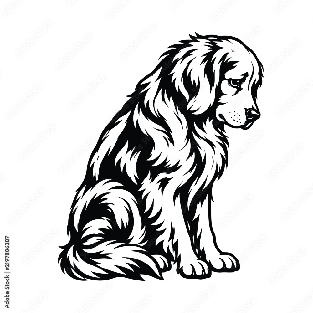 Obraz premium Black and white illustration of a sitting golden retriever dog