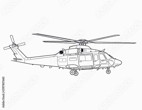 Helicopter Side View Line Drawing Illustration