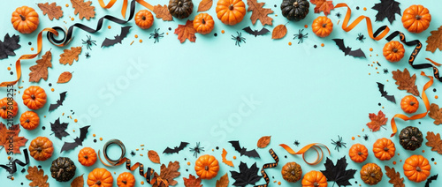 Autumn Halloween Frame: Pumpkins, Bats, Leaves on Pastel Blue Background