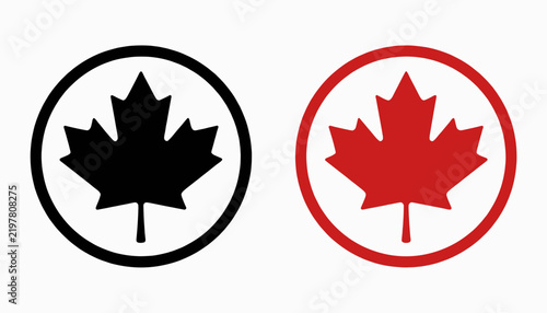 Two Maple Leaf Logos in Black and Red Circles on White Background