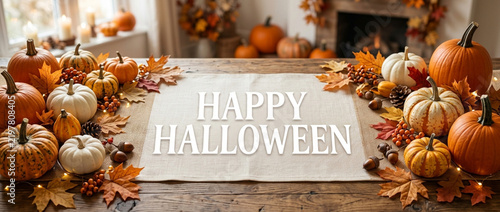 Autumn Harvest Pumpkins & Leaves Happy Halloween Table Decoration
