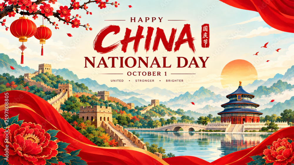 Fototapeta premium China National Day October 1 Traditional Banner with Flag, Lanterns and Temple Illustration