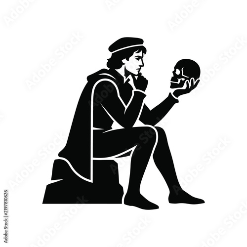 Hamlet contemplating skull in thoughtful pose.