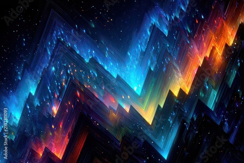 Vibrant Abstract Digital Art With Jagged Mountains In Fiery Orange Blue And Yellow Hues Illuminated By A Sparking Starry Night Sky Background With Glowing Particles And Geometric Shapes