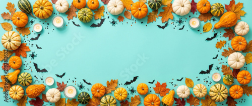Autumn Halloween Frame with Pumpkins, Leaves, Bats, and Candles