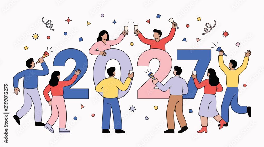 Fototapeta premium Joyful diverse group of friends celebrating around large 2027 numbers with confetti and champagne toasts, symbolizing new beginnings for greeting cards and social media.