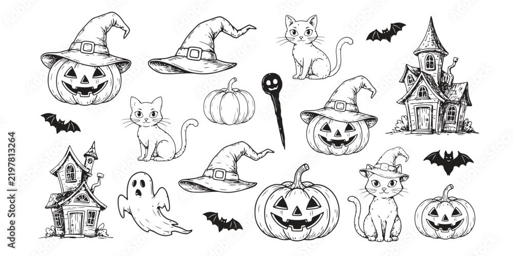 Fototapeta premium Hand drawn halloween set with pumpkins cats and haunted house