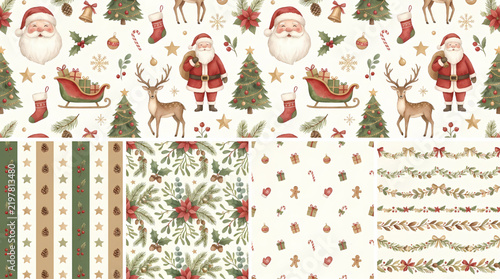 Christmas Santa Claus Reindeer Watercolor Pattern Set Holiday Botanical Illustrations