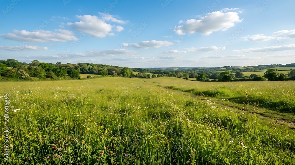 Obraz premium A stunning panoramic view of a lush green meadow under a bright blue sky with fluffy white clouds in the countryside