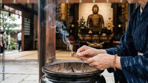 A close-up of a person's hands lighting incense at a Buddhist temple, the smoke rising, the hands gentle. The background shows a temple with a Buddha statue.
