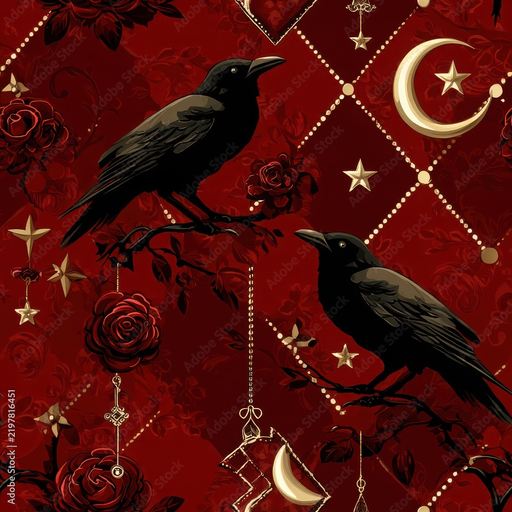 Obraz premium Dark Gothic Halloween Pattern with Ravens and Stars