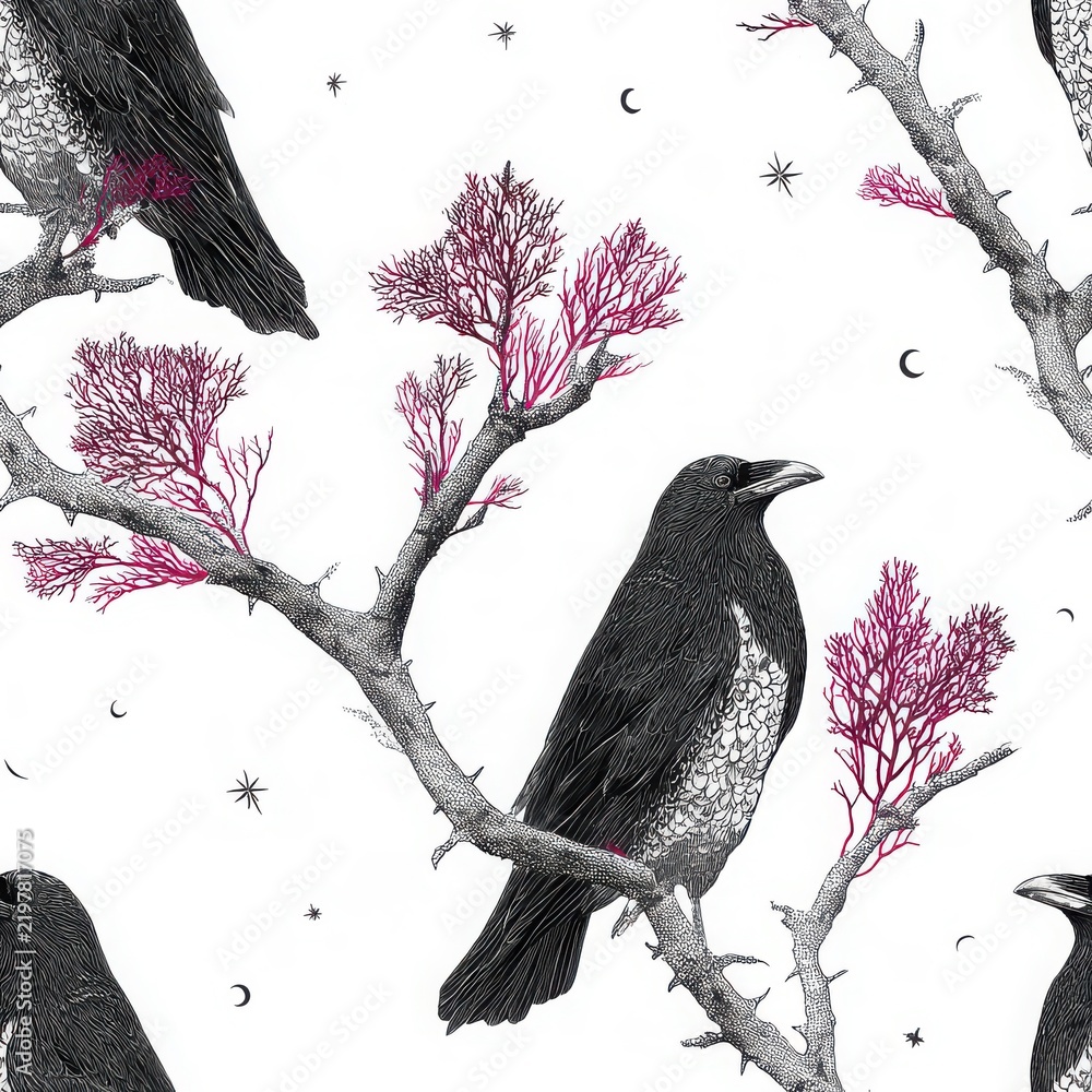 Obraz premium Minimal Gothic Halloween Pattern with Ravens and Branches