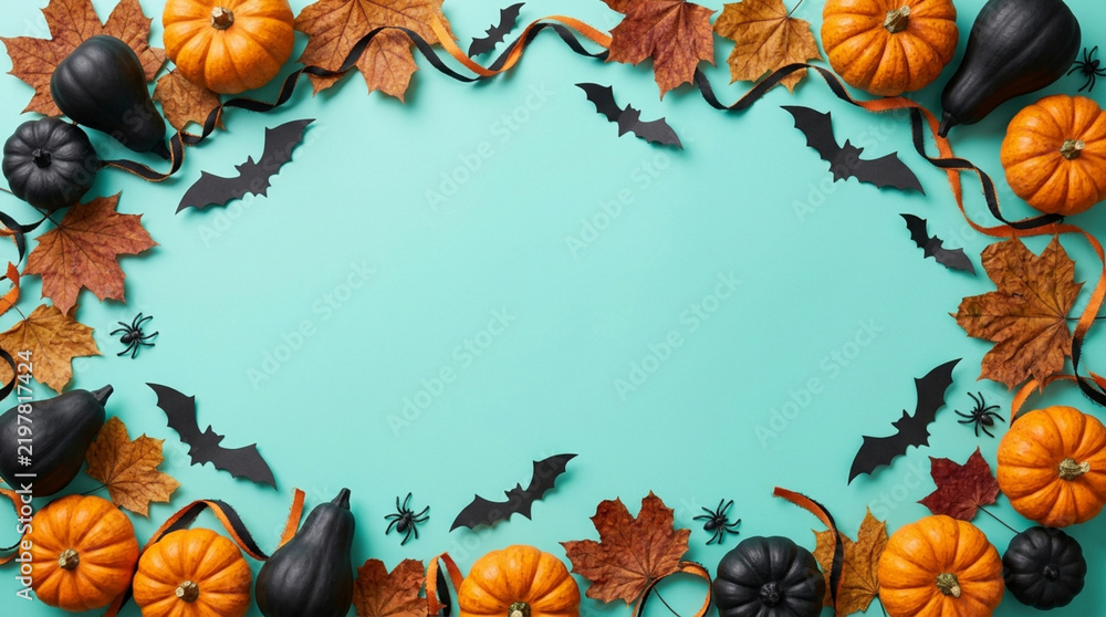 Fototapeta premium Halloween autumn border with pumpkins, bats, leaves on blue background