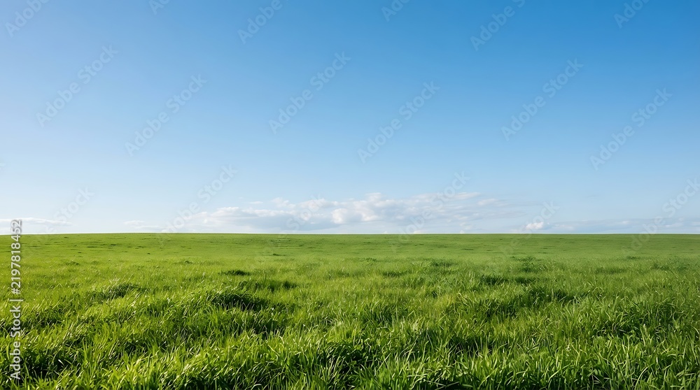 Fototapeta premium Vast green grass field under a bright blue sky with a clear horizon for nature backgrounds