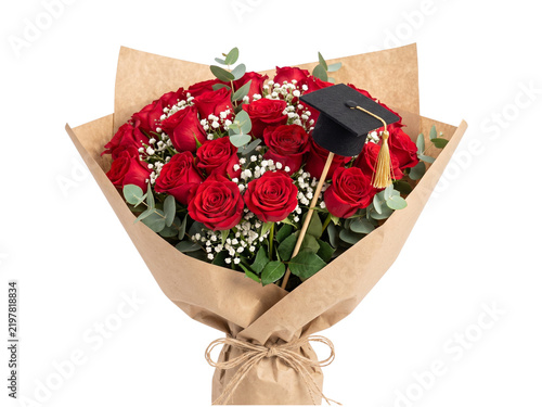 Bouquet of red roses with a graduation cap isolated on a white background