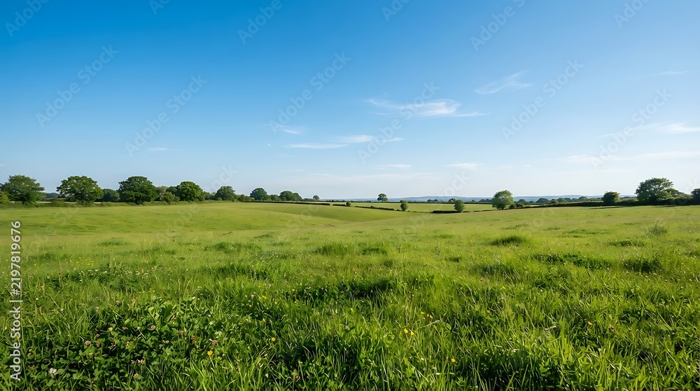 Obraz premium A serene green pasture under a bright blue sky with distant trees in the English countryside